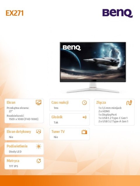 Monitor 27 cali EX271 1ms IPS/180Hz/FullHD/Gaming Benq Monitor 27 cali EX271 1ms IPS/180Hz/FullHD/Gaming Benq