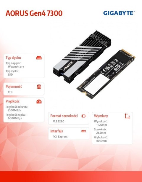 Dysk SSD AORUS NVMe Gen4 1TB M.2 2280 9JS18N100-00-G10 Gigabyte Dysk SSD AORUS NVMe Gen4 1TB M.2 2280 9JS18N100-00-G10 Gigabyte