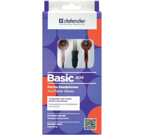Słuchawki douszne BASIC 604 przewodowe Czarno-czerwone Defender
