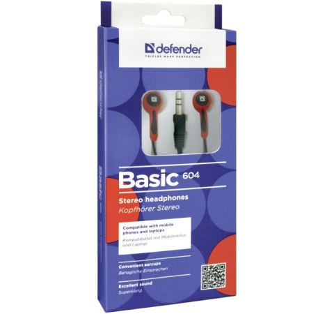 Słuchawki douszne BASIC 604 przewodowe Czarno-czerwone Defender