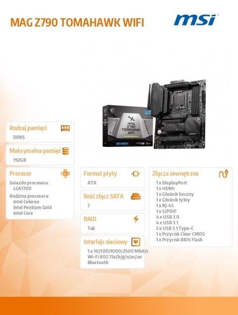 Płyta główna MAG Z790 TOMAHAWK WIFI s1700 4DDR5 DP/HDMI ATX MSI