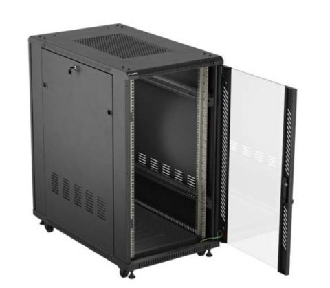 Szafa instalacyjna rack stojąca 19" 22U 600x1000 czarna drzwi przeszkolne ( flat pack) Lanberg