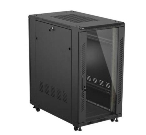 Szafa instalacyjna rack stojąca 19" 22U 600x1000 czarna drzwi przeszkolne ( flat pack) Lanberg