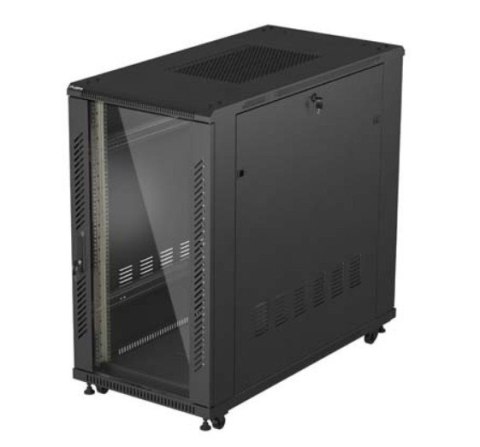 Szafa instalacyjna rack stojąca 19" 22U 600x1200 czarna drzwi przeszklone (flat pack) Lanberg