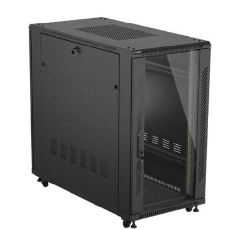 Szafa instalacyjna rack stojąca 19" 22U 600x1200 czarna drzwi przeszklone (flat pack) Lanberg