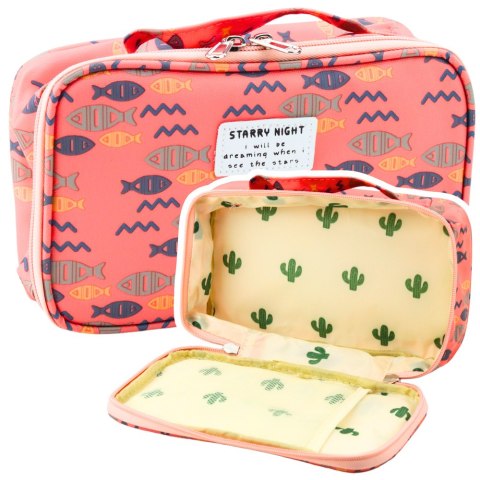 LEAN Piórnik Szkolny Organizer Kosmetyczka Dodatkowa Kieszonka Ryby Różowy 22,5cm