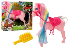 LEAN Toys Figurka Koń Z Kolorową Grzywą Różowe Siodło Szczotka Farma Różowy