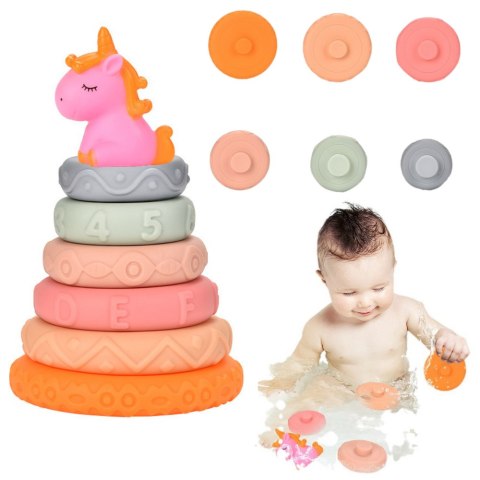 LEAN Toys Piramidka Wieża Dla Malucha Gumowe Miękkie Klocki Jednorożec