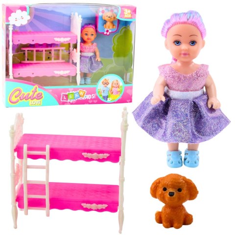 LEAN Toys Zestaw Mini Laleczka W Sukience Łóżeczko Dwupiętrowe Piesek