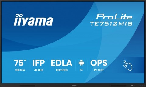 Monitor 75 cali TE7512MIS-B4AG 40pkt,IPS,4K,24/7,7H, ANDROID 14, RK3576, 8/128GB, EDLA, Essential IIYAMA