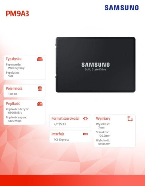 Dysk serwerowy SSD PM9A3 U.2 DCT 3840 GB MZQL23T8HCLS-00W07 NVMe Samsung
