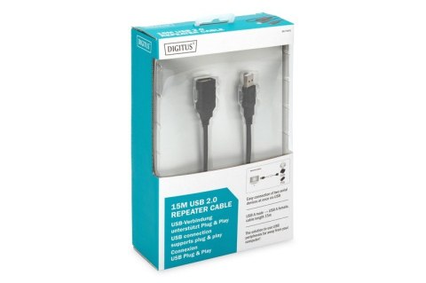 Kabel przedłużający USB 2.0 HighSpeed Typ USB A/USB A M/Ż aktywny, czarny 15m Digitus