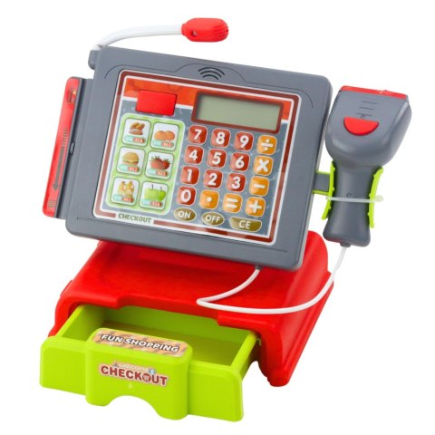 LEAN Toys Kasa Sklepowa Dla Dzieci Akcesoria Koszyk Owoce Światła Dźwięki Czerwona