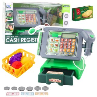 LEAN Toys Kasa Sklepowa Dla Dzieci Akcesoria Koszyk Owoce Światła Dźwięki Zielona