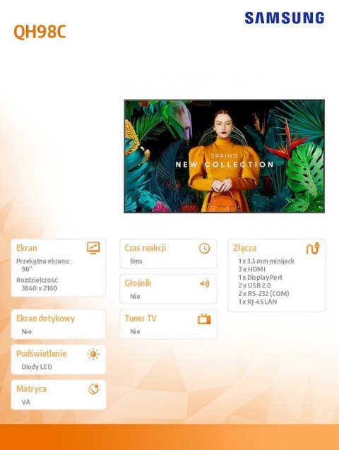 Monitor profesjonalny QH98C 98 cali Matowy 24h/7 700(cd/m2) 3840x2160 (UHD) S10 Player (Tizen 7) WiFi/BT 3 lata On-Site (LH98QHC Samsung