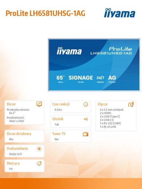 Monitor 65 cali LH6581UHSG-1AG 24/7,VA,ANDROID 14,4K, 2x10W, WiFi, UCHWYT ŚCIENNY, 2xHDMI, USB-C, RJ45, IR, 2xUSB, WHITE IIYAMA