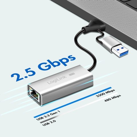 Adapter USB-A/-C do 2,5G Ethernet, szary LogiLink