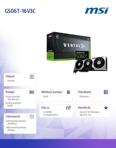 Karta graficzna GeForce RTX 5060 Ti 16G VENTUS 3X OC MSI
