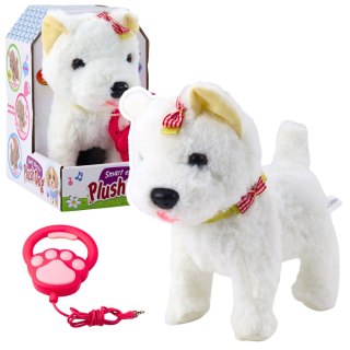 LEAN Toys Interaktywny Piesek Z Kokardkami Na Smyczy Chodzi Szczeka Biały
