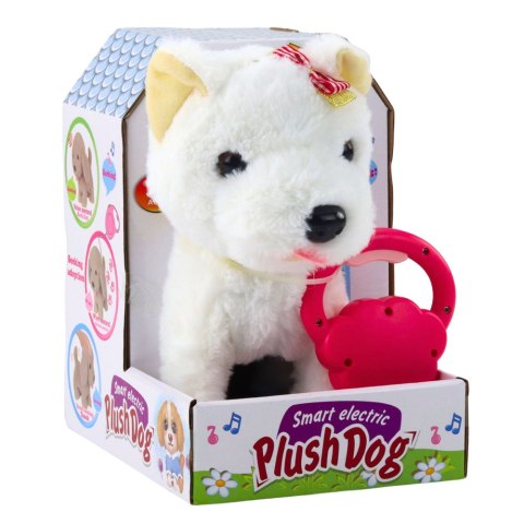 LEAN Toys Interaktywny Piesek Z Kokardkami Na Smyczy Chodzi Szczeka Biały