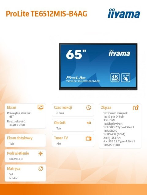 Monitor 65 cali TE6512MIS-B4AG 40pkt,IPS,4K,24/7,7H, ANDROID 14, RK3576, 8/128GB, EDLA, Essential IIYAMA