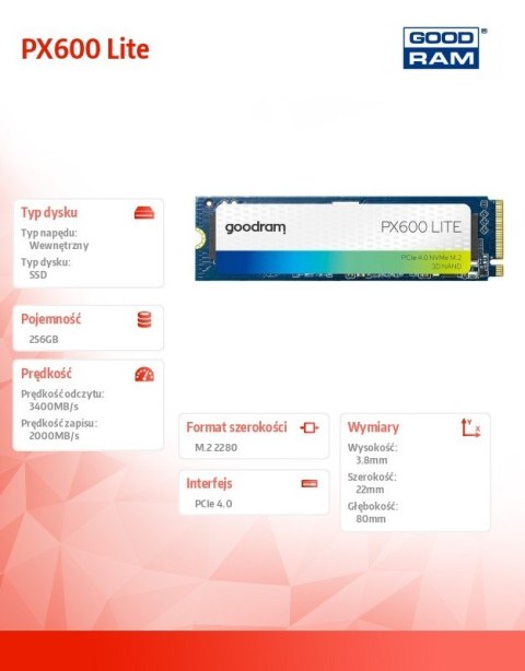 Dysk SSD PX600 Lite 256GB M.2 Gen4x4 NVMe 2280 3400/2000MB/s GOODRAM