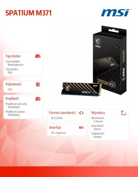 Dysk SSD SPATIUM M371 1TB M.2 PCIe3 2350/1700MB/s MSI