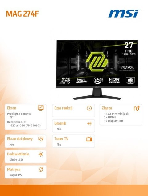 Monitor MAG 274F 27 cali/LED/FHD/Flat/200Hz/czarny MSI