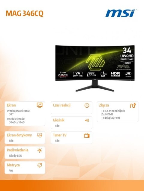 Monitor MAG 346CQ 34 cale/LED/UWQHD/Curved/180Hz/czarny MSI