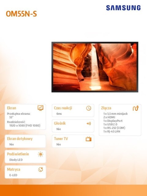 Monitor profesjonalny OM55N-S 55 cali Błyszczący 24h/7 4000(cd/m2) 1920x1080 (FHD) S6 Player (Tizen 4.0) Wi-Fi 3 lata On-Site (L Samsung