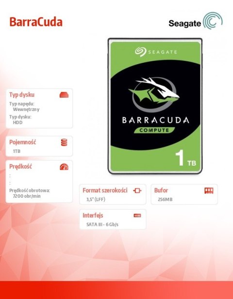 Dysk twardy BarraCuda 1TB 3.5 cala 256MB ST1000DM014 Seagate