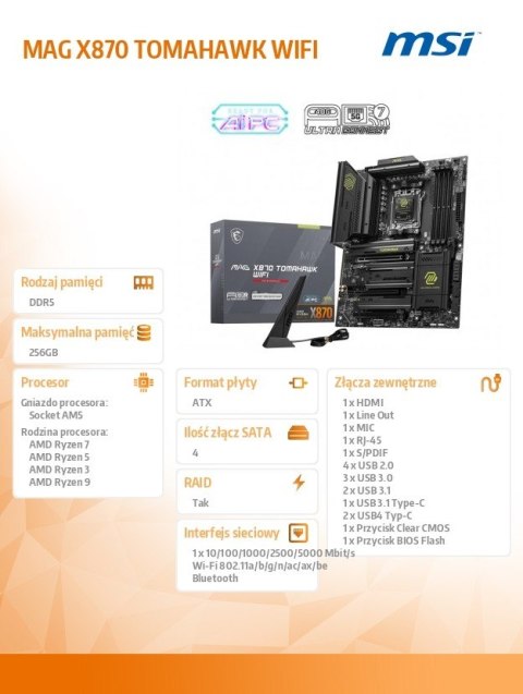 Płyta główna MAG X870 TOMAHAWK WIFI AM5 4DDR5 ATX MSI