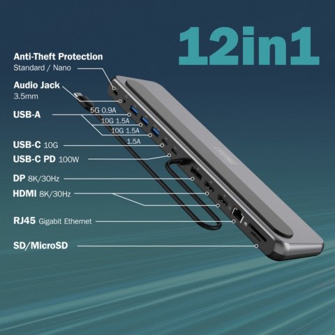Stacja dokująca USB-C 12 portowa, max. 8K/30Hz z HDR, HDMI, DP, max. 3 monitory (MST), USB-C 3.2 Gen2, Gigabit Ethernet, SD/Micr Digitus