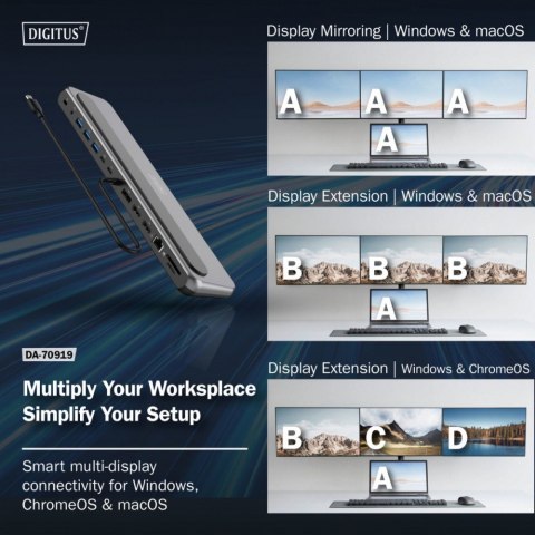 Stacja dokująca USB-C 12 portowa, max. 8K/30Hz z HDR, HDMI, DP, max. 3 monitory (MST), USB-C 3.2 Gen2, Gigabit Ethernet, SD/Micr Digitus