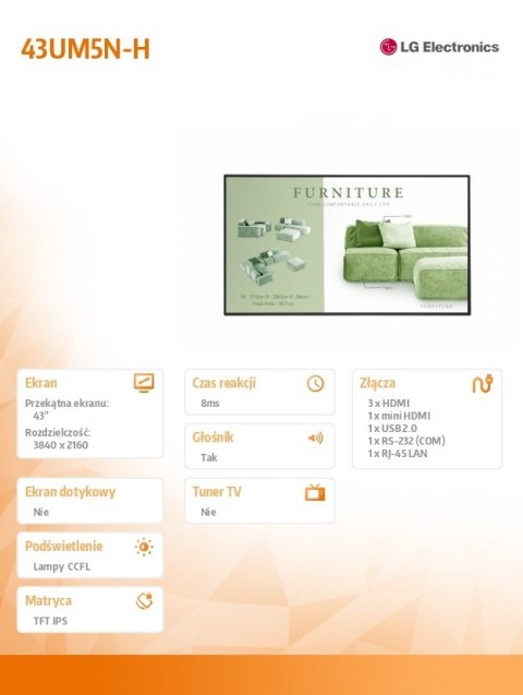 Monitor wielkoformatowy LG 43UM5N-H 500cd/m2 UHD 24/7