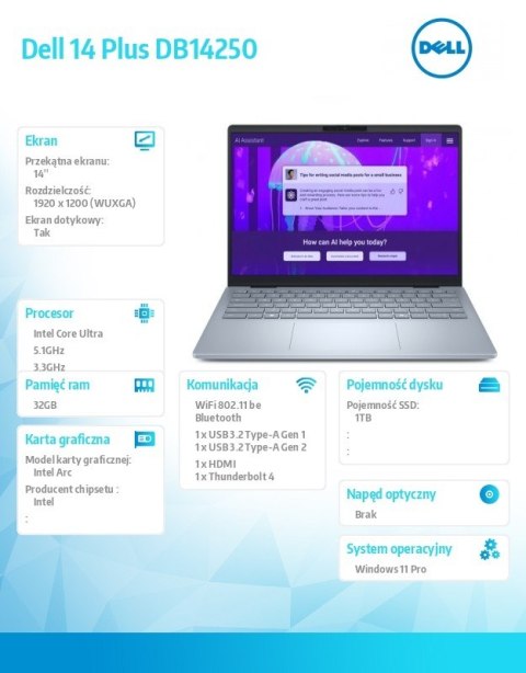 Laptop 14 Plus DB14250 Win11Home Ultra 9 288V/32GB/1TB/ 14 FHD+ Touch/Arc/ FgrPr /WLAN + BT/Backlit Kb/4 Cell/ 2Y Basic