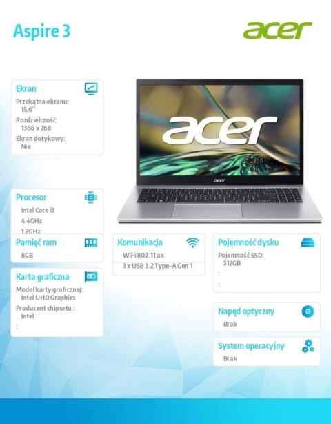 Laptop Aspire 3 A315-59-35WU i3-1215U 15.6 8GB 512GB NoOS Srebrny Acer
