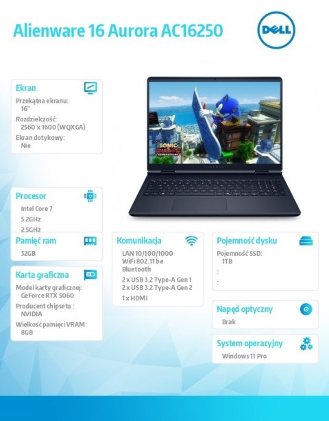 Laptop Alienware 16 Aurora AC16250 W11Pro C7 240H/32GB/1TB/16.0" WQXGA/GeForce RTX 5060/WLAN + BT/Backlit Kb/6 Cell/ 3Y Basic