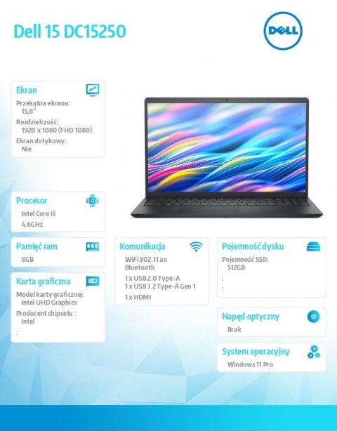 Laptop Dell 15 DC15250 W11P i5-1334U/16GB/512GB SSD/UHD/WLAN + BT/15.6 FHD/Backlit Kb/3 Cell/65W/3YPS Carbon Black (Plastic) Dell