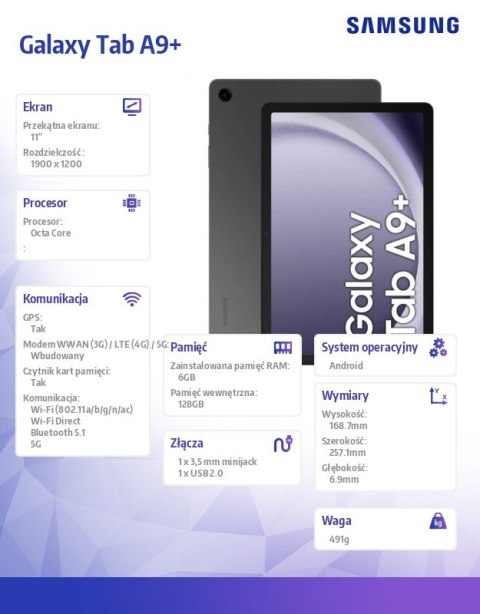 Tablet Galaxy Tab A9+ 11 cali 5G 6/128GB Rework szary