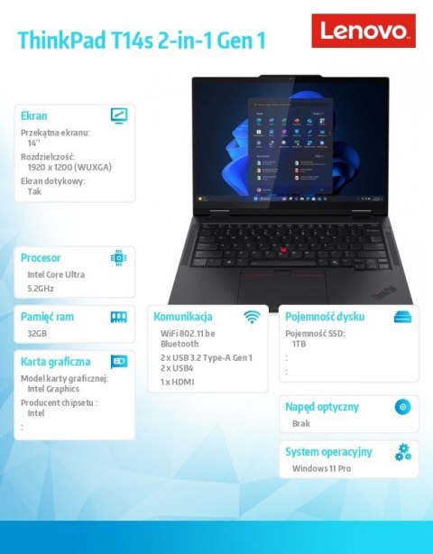Ultrabook ThinkPad T14s 2in1 G1 21R30041PB W11Pro ULT7 255U/32GB/1TB/INT/14.0 WUXGA/Touch/Black/3YRS Premier Support + CO2 Offse