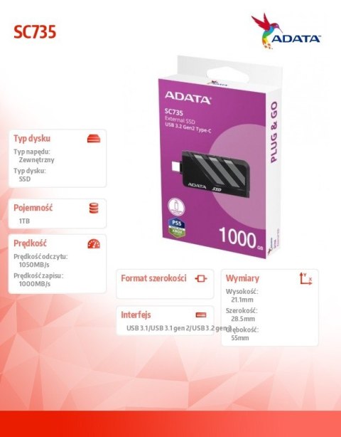 Dysk SSD External SC735 1TB U3.2C 1000/1000MB/s Grey Adata