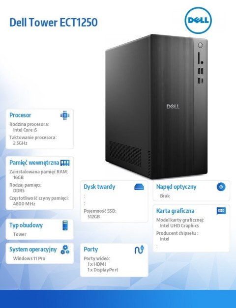 Komputer Dell Tower ECT1250 Win11Pro i5-14400/16GB/512GB SSD/UHD 730/WLAN + BT/Kb & Mouse/3YPS