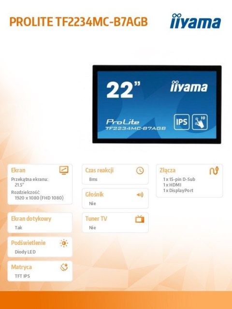 Monitor wielkoformatowy 21.5 cala TF2234MC-B7AGB IPS,10PKT.VGA,HDMI,DP,FHD,IP65,6H IIYAMA