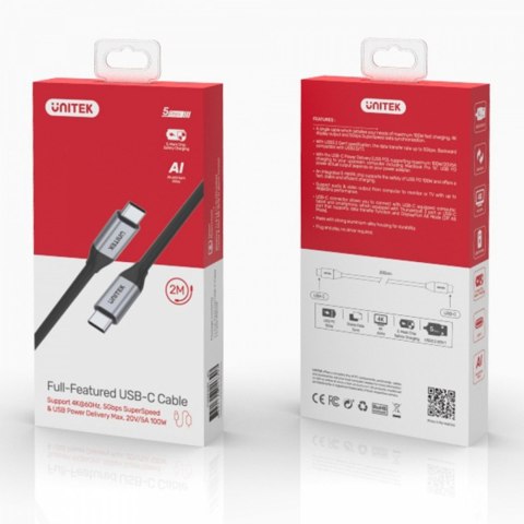 Kabel USB-C - USB-C PD 100W, 5Gbps, 4K60Hz, 2m, M/M; C14091ABK