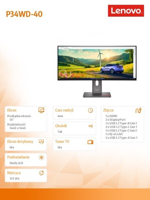 Monitor ThinkVision P34WD-40 34 cale 64ADGAT1EU