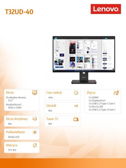 Monitor ThinkVision T32UD-40 31.5 cala 64B0GAT1EU
