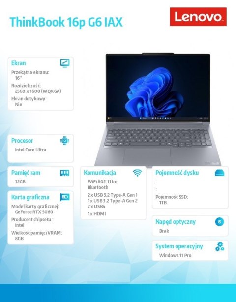 Notebook ThinkBook 16p G6 21R0001SPB W11Pro Ultra 7 255HX/2x16GB/1TB/RTX 5060 8GB/16.0 WUXGA/Luna Grey/1YR Premier WHB + 3YR OS 