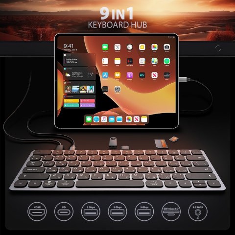 Klawiatura HMC-KB-CRL USB-C 5Gbps z wieloportowy hub 9in1, SD/microSD, 3x USB-A, HDMI 4K/60Hz, PD 100W, Audio, Cyrillic layout,  AXAGON