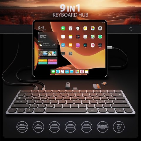 Klawiatura HMC-KB-NRD USB-C 5Gbps z wieloportowy hub 9in1, SD/microSD, 3x USB-A, HDMI 4K/60Hz, PD 100W, Audio, Nordic layout, 60 AXAGON